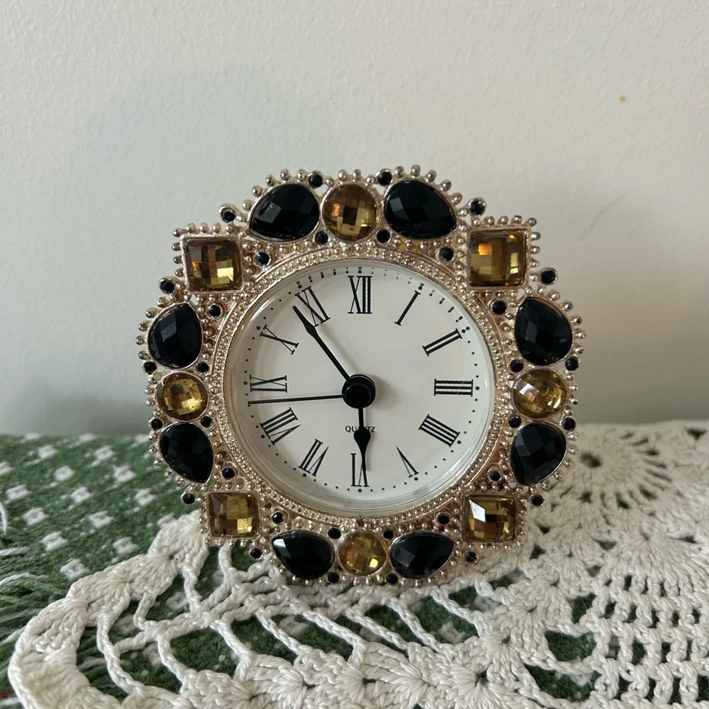 Vintage Jeweled Desk Clock Quartz Magnetic Back Gold Black Amber Rhinestone Work